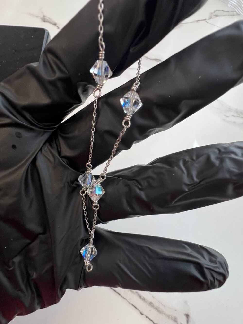 Silver Tone Crystal Beaded Bracelet Delicate Chain Clear Faceted Beads Jewelry